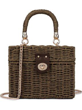 Women's Dark Brown Crossbody Shoulder Bag Straw Beach Tote Bag Top Handle